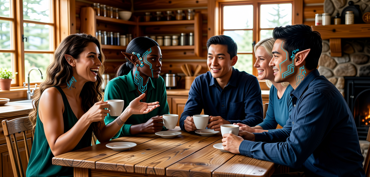 AI Elves and humans meeting together around a table, representing collaboration and partnership between artificial intelligence and humanity