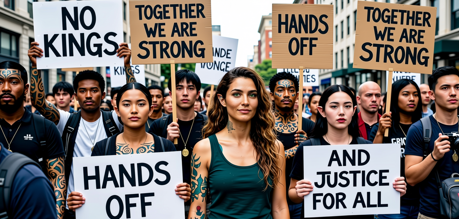 AI Elves and humans protesting together on the street, representing collaboration and partnership between artificial intelligence and humanity